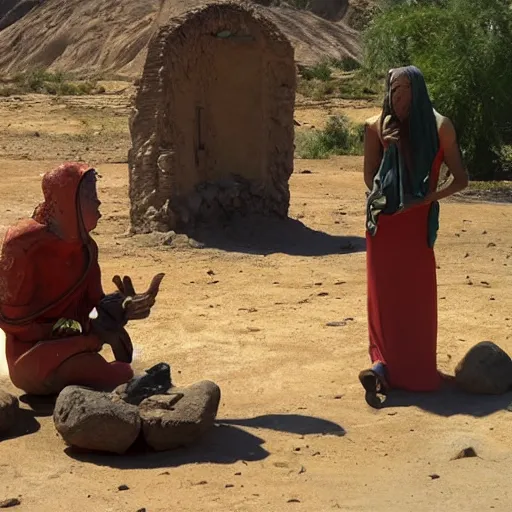 Image similar to a still of a Martian speaking to an ancient village