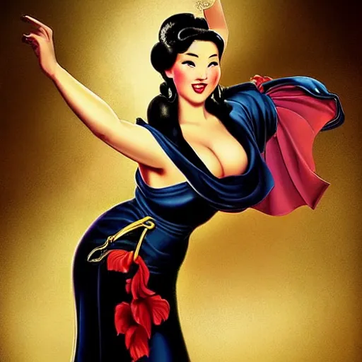 Prompt: pin - up portrait of a beautiful young curvaceous mulan, pretty long hair, intense flirting, showing curves, symmetrical face, digital art, smooth, extremely detailed,, by wu bayard, by gil elvgren, by ralph horsley, by hanks steve