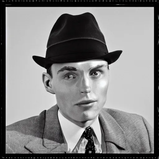 Image similar to A photograph portrait of Jerma985 wearing a suit with and fedora in the 1950s, taken in the early 1950s, grainy, taken on a 1950s Kodak Camera, realistic, hyperrealistic, very realistic, highly detailed, very detailed, extremely detailed, detailed, digital art, trending on artstation