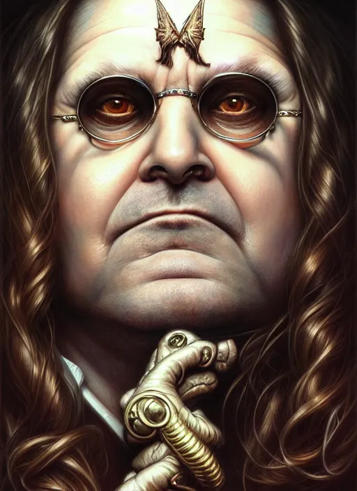 Prompt: portrait shot of ozzy osborne, intricate, elegant, highly detailed, centered, digital painting, artstation, concept art, smooth, sharp focus, illustration, artgerm, tomasz alen kopera, peter mohrbacher, donato giancola, joseph christian leyendecker, wlop, boris vallejo