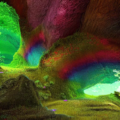 Prompt: rainbow colored caves lead to a rainforest, highly detailed digital art, artstation, cfg = 3