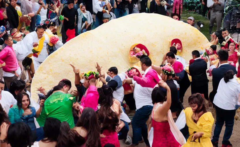 Prompt: a crowd of mexicans dancing around a giant Taco in a wedding,