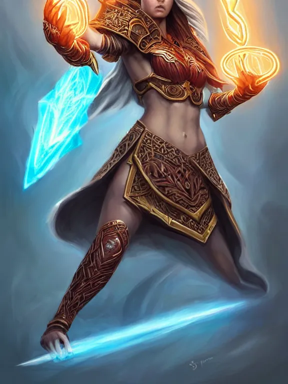 Image similar to symmetry!! intense fanart of a mage warrior as acotar protagonist in bikini armor, magic lightning ring, fireball hand, runic tattoos, intricate, elegant, highly detailed, digital painting, artstation, concept art, smooth, sharp focus, illustration, by cgsociety and stefan kostic and stanley lau and artgerm, gorgeous, elegant