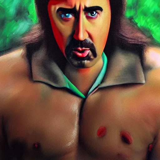 Prompt: nic cage as mario, buff, painted portrait, highly detailed,