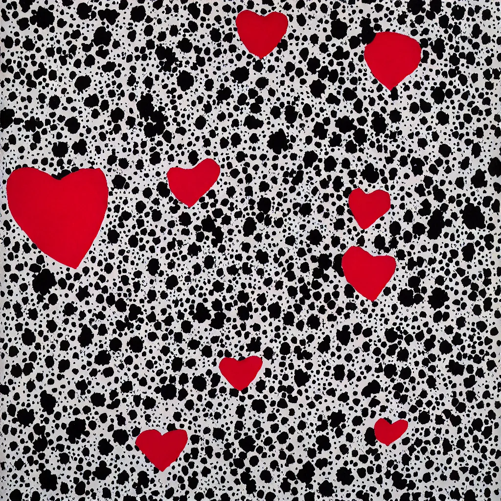 Image similar to camo made of hearts, smiling, abstract, rei kawakubo artwork, cryptic, dots, stipple, lines, splotch, color tearing, pitch bending, color splotches, dark, ominous, eerie, minimal, points, technical, old painting