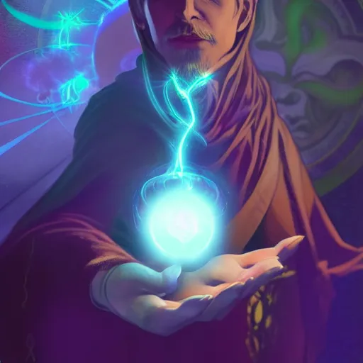 Image similar to a warlock is casting a magic spell while with magic orb floating in his hand , dynamic pose, chromatic aberration , medium level shot, Mucha style , Grim fantasy, illustration ,concept art,