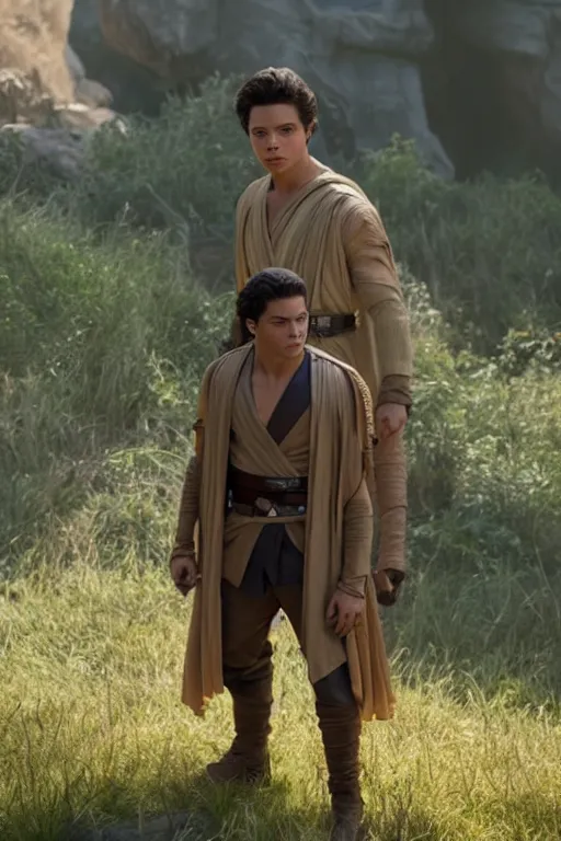 Prompt: jake t. austin as a jedi in star wars the rise of skywalker, 3 5 mm photography, highly detailed, cinematic lighting, standing pose, holding lightsaber 4 k