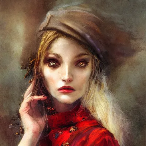 Image similar to Brian Froud and Jean-Baptiste Monge and Solomon Joseph Solomon and Richard Schmid and Jeremy Lipking victorian genre painting portrait painting of a young beautiful woman marverl DC comic book character fantasy costume, red background