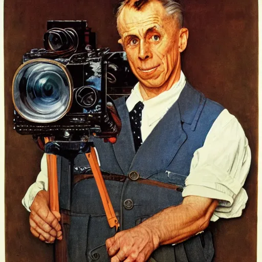 Image similar to norman rockwell painting of a man holding a large television - video - camera