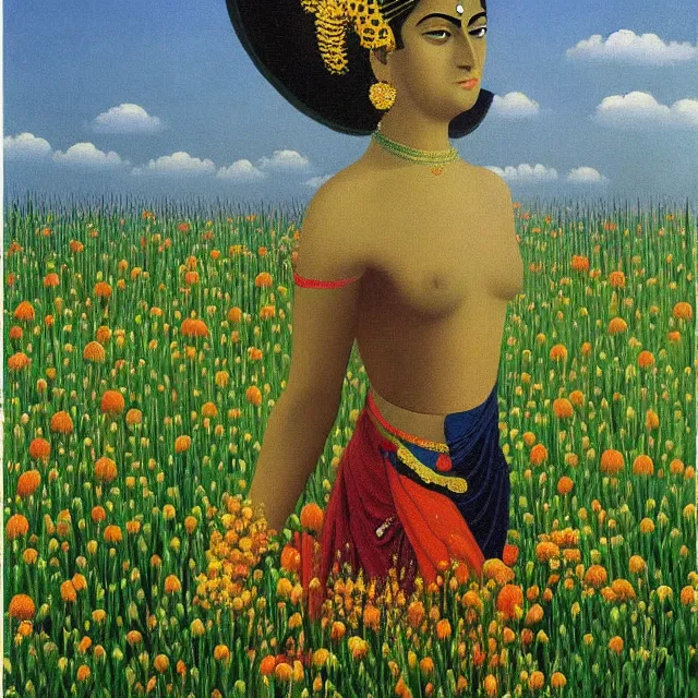 Image similar to hindu goddess kaali in distance looking at you in beautiful meadow of flower, detailed painting by rene magritte