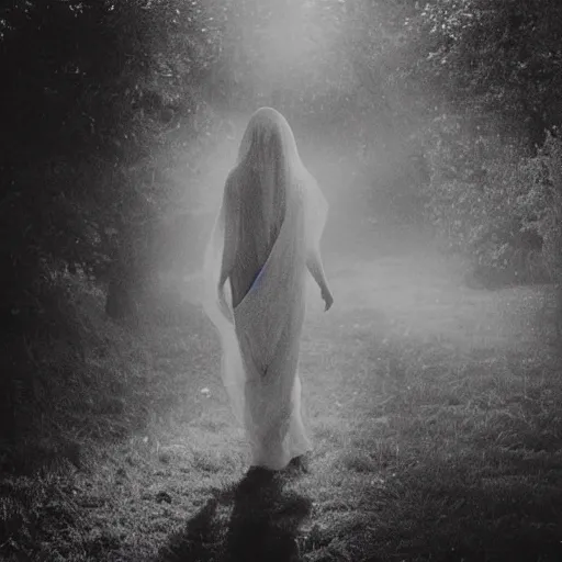 Image similar to gritty film photo of veiled figure walking through garden, black and white film photo, black and white picture, gain and film scratches, moody lighting, realistic, ultra fine details