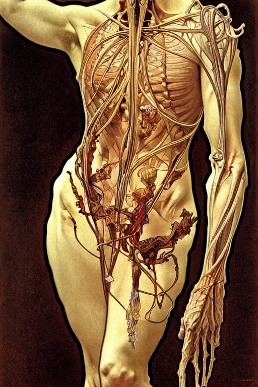 Image similar to anatomically accurate model of the full human muscular system infected by night, full body, intricate parts, fine details, hyper - realistic, elegant. by seichen, alphonse mucha, surreal