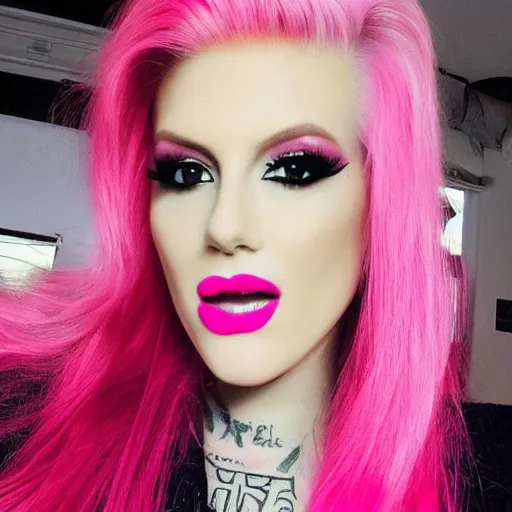 Image similar to jeffree star 2 0 0 0 s selfie with pink red hair