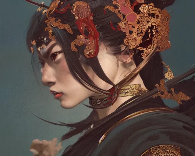 Image similar to oni samurai japanese style, face, fantasy, intricate, elegant, highly detailed, digital painting, artstation, concept art, smooth, sharp focus, illustration, artstation, cgsociety, art by artgerm and greg rutkowski and alphonse mucha