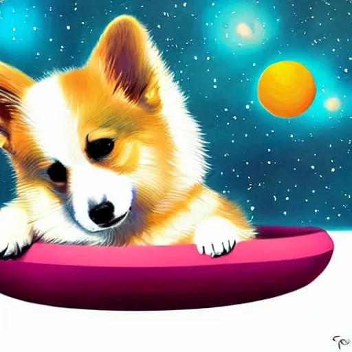 Prompt: surreal digital painting of a corgi floating in space