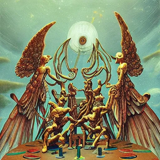 Image similar to winged angels playing an important boardgame, at night, chained to planets, under a black night sky of astronomical glittering starlight in the outer reaches of the solar system beyond the rings of neptune, watched by mystic figures in heavy burgundy robes, by raqib shaw, beksinski, zdzisław beksinski