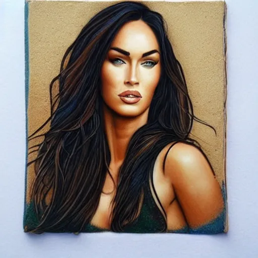 Image similar to “Megan Fox sand paintings, ultra detailed portrait, 4k resolution”