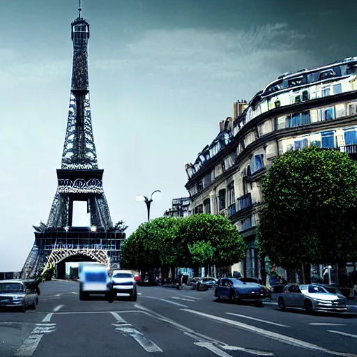 Image similar to A beautiful intricate 8K award-winning cinematic movie photograph of the future Eiffel Tower completely covered in billboards in the year 2043, by Bruno Delbonnel