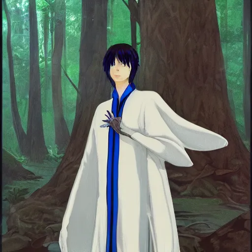 Image similar to concept art painting of an anthropomorphic humanoid white raven wearing dark blue robes, in the deep forest, realistic, detailed, cel shaded, in the style of makoto shinkai and greg rutkowski and james gurney