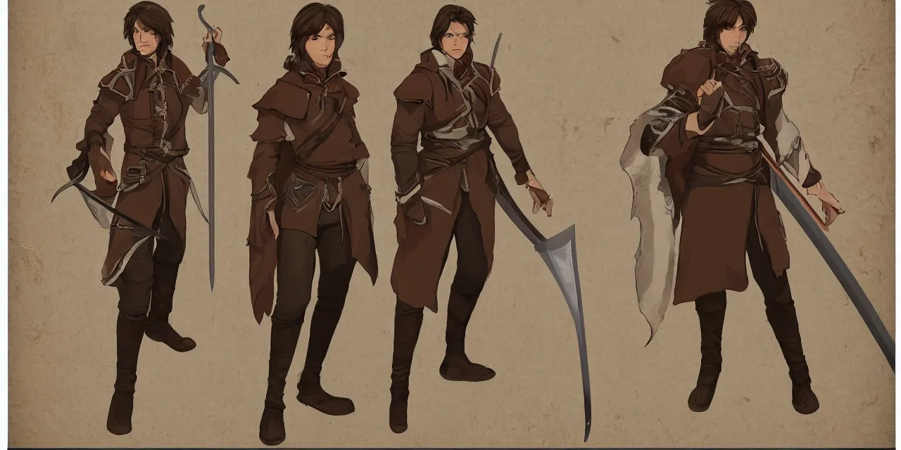 Image similar to character reference sheet for a male bardic swordsman with semi-long brown hair, wearing a brown swordsman jacket and wielding a sword