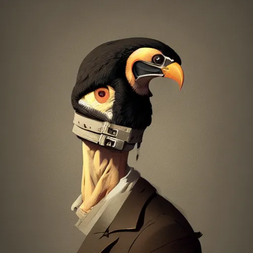 Image similar to ripped physique beak beak Man portrait Sherlock Samuel Beckett Beak Detective Anthropomorphic furry fashion vogue Vulture man wearing a Buzzard costume wearing a hobo costume gerald brom bastien grivet greg rutkowski norman rockwell portrait face head beak eyes illustration tombow