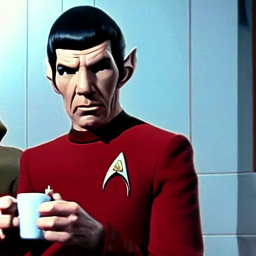 Prompt: photo of mr spock drinking coffee with a klingon, cinematic, movie still