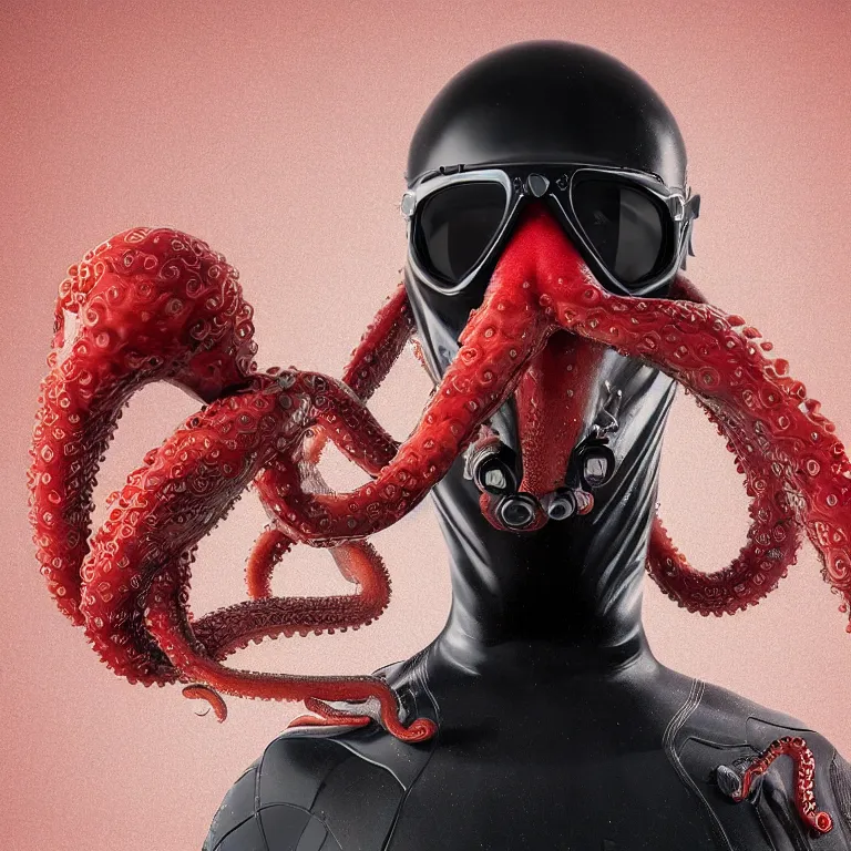 Image similar to octane render portrait by wayne barlow and carlo crivelli and glenn fabry, subject is a man in a wet suit with goggles on with giant long red detailed octopus tentacles coming out of his mouth, cinema 4 d, ray traced lighting, very short depth of field, bokeh