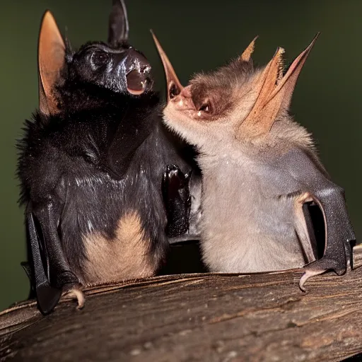 Prompt: a photo of two bats chatting togheter in secret, national geographic