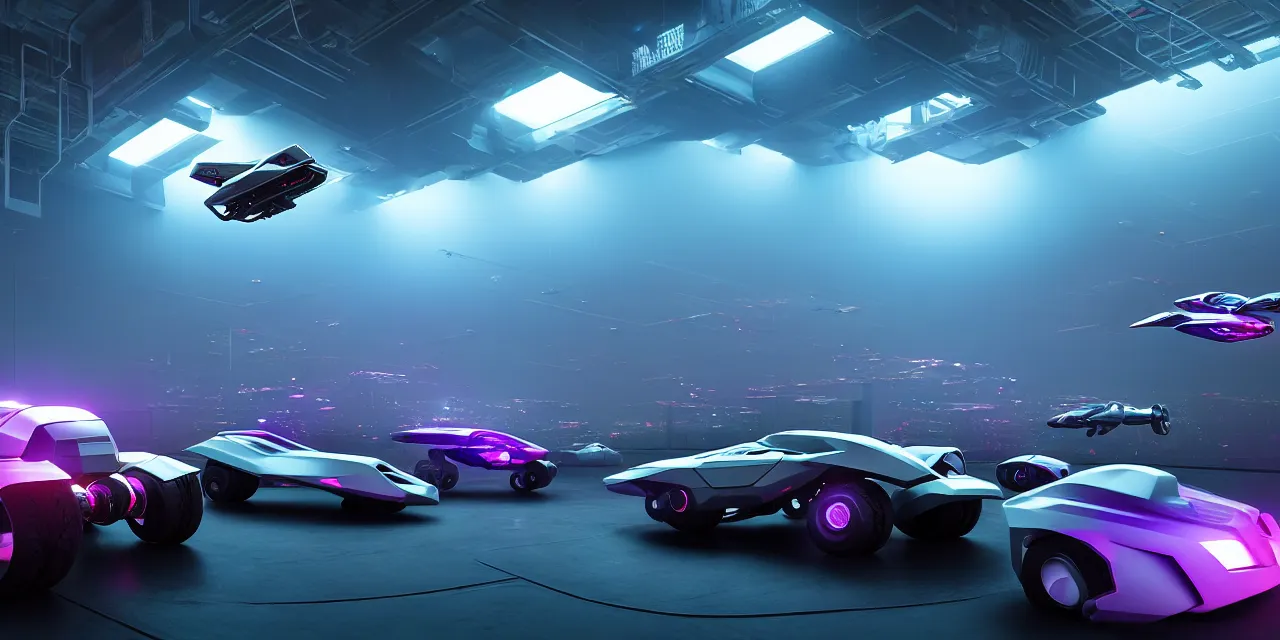 Image similar to cyberpunk exhibition of hovercars and other vehicles, test drives on a long track around the exhibition site, enthusiastic spectators watching the race of flying vehicles, in the year 3 0 0 0, very high details, volumetric fog, raytracing, back light, raymarching, by ilm, by digital domain, by weta digital