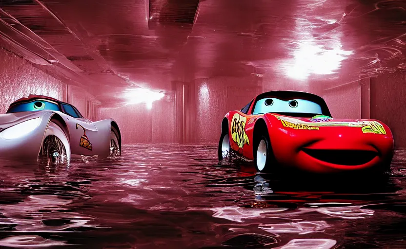 Image similar to lightning mcqueen from cars in a flooded fractal hallway, romance novel cover, in 1 9 9 5, y 2 k cybercore, low - light photography, still from a ridley scott pixar movie