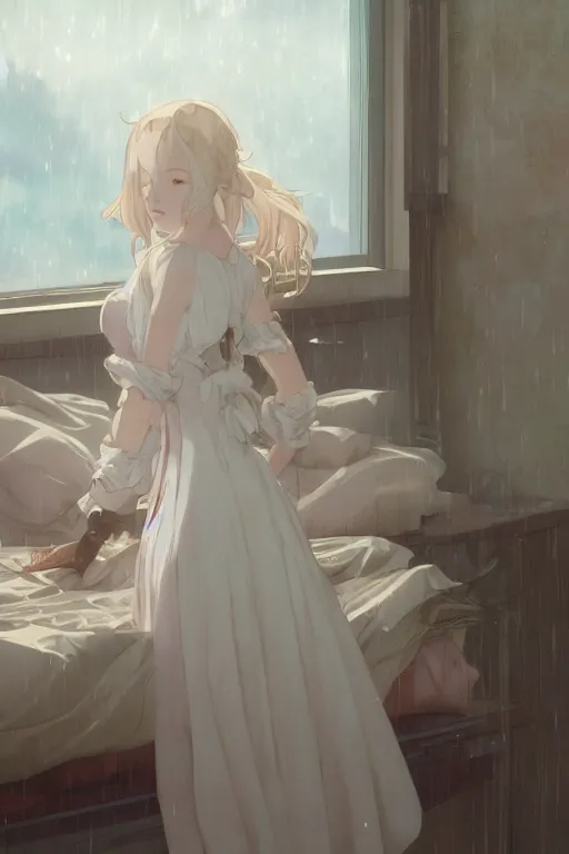 Image similar to a girl in a maid's outfit in the bedroom a night, raining outside the window, wavy white long hair, by krenz cushart and mucha and akihito yoshida and greg rutkowski and makoto shinkai and rei _ 1 7, detailed eyes, 4 k resolution