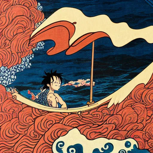 Prompt: a hokusai painting masterpiece exposed in Paris : the vogue merry ship of luffy from one piece sailing on the wave of hukusai This 4K HD image is Trending on Artstation, featured on Behance, well-rendered, extra crisp