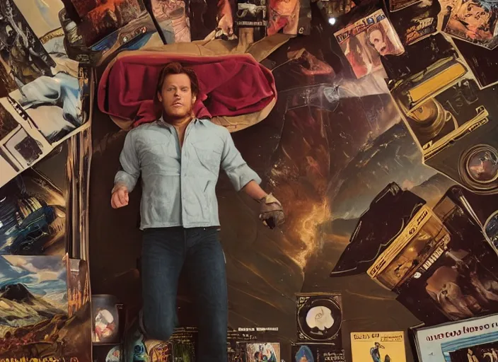 Prompt: a very high resolution image from a new movie, starlord. in a room full of posters and vinyls. mountains, directed by wes anderson