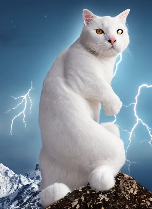 Image similar to giant little white cat on a snowy mountain with lightning coming out of its paws, blue sky background with moon