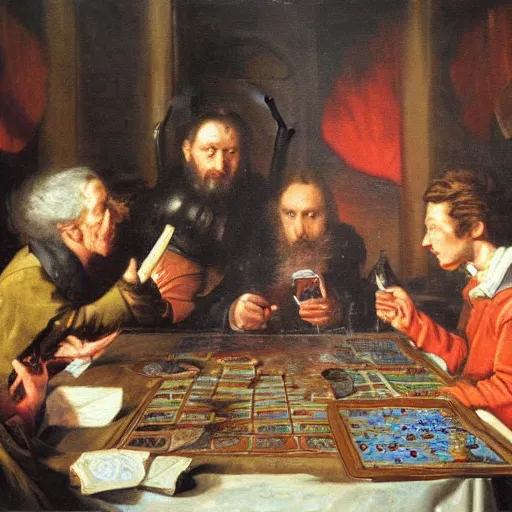 Prompt: a group of dragons sitting around a table playing a board game, oil painting