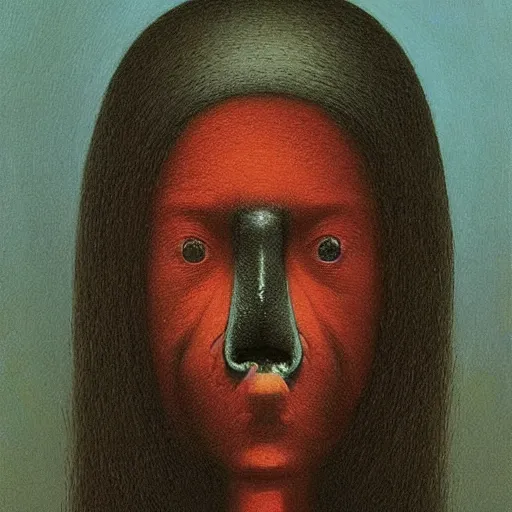 Image similar to young teen female with crow head , painting by Beksinski