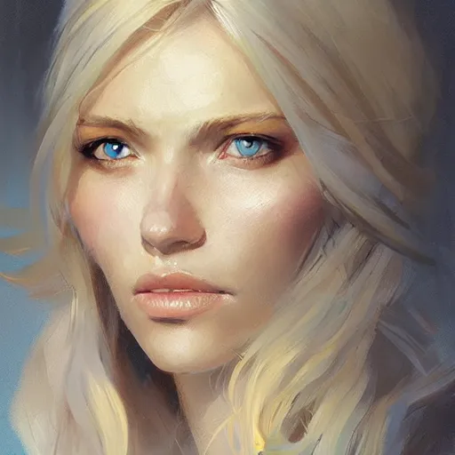 Image similar to A head-on detailed oil portrait of a beautiful woman with pale blue eyes and long yellow hair by greg rutkowski and artgerm, trending on artstation