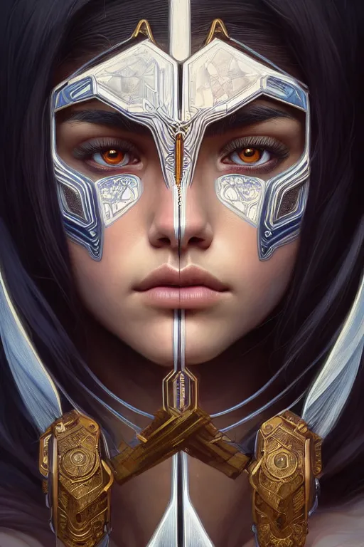 Image similar to symmetry!! portrait of madison beer in the style of god of war, machine parts embedded into face, intricate, elegant, highly detailed, digital painting, artstation, concept art, smooth, sharp focus, illustration, art by artgerm and greg rutkowski and alphonse mucha, 8 k