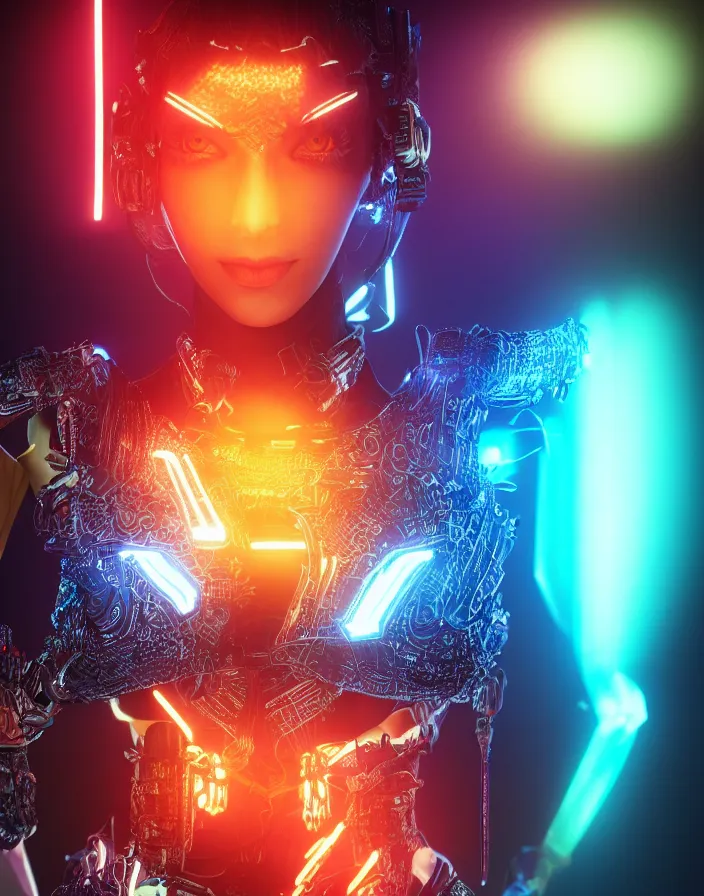 Prompt: full body portrait photo of afghan model cyborg with digital led skin, neon lighting, techno neon projector background, portrait photo, intricate details, ultra realistic, unreal engine 5, depth of field, bokeh, octane render, 8 k hd