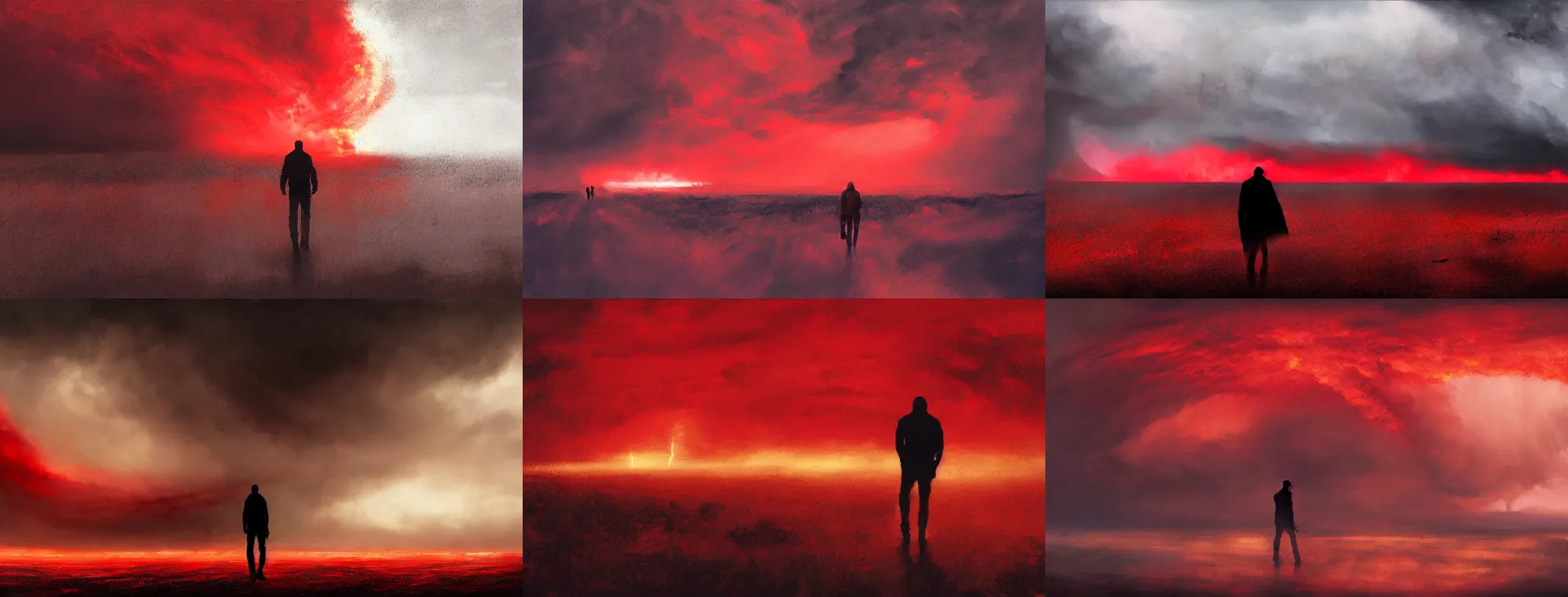Prompt: silhouette of man walking away, circular, vortex, tornado, raging storm, very wide angle, low horizon, seen from behind, symmetry, dramatic, red, fire, ( land ), by greg rutkowski and guy denning, artstation