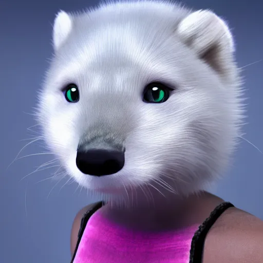 Image similar to white mink with pink bacterial necklace , unreal engine, starring at camera, matte background, high symmetry, 8k