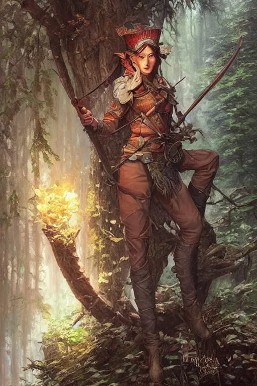 Prompt: beautiful oil painting with high detail of a wood-elf ranger from dungeons and dragons in the forest by artgerm and greg rutkowski and thomas kinkade