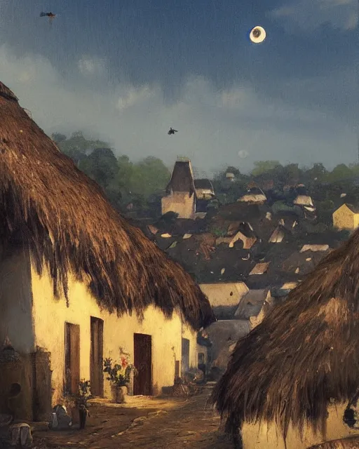 Image similar to Painting by Greg Rutkowski, a big ceramic jug with a gold ornament flies high in the night dark blue sky above a small village with white houses under thatched roofs