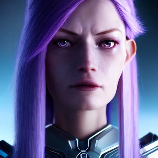 Image similar to an ultra realistic, cinematic, close up portrait, of a pale woman in sci - fi bionic crystal armor with purple ponytail, stoic, sylvanas windrunner, soft light, dreamy, facial features, detailed, deep focus, movie still, dramatic lighting, ray tracing, by michal karcz and yoshitaka