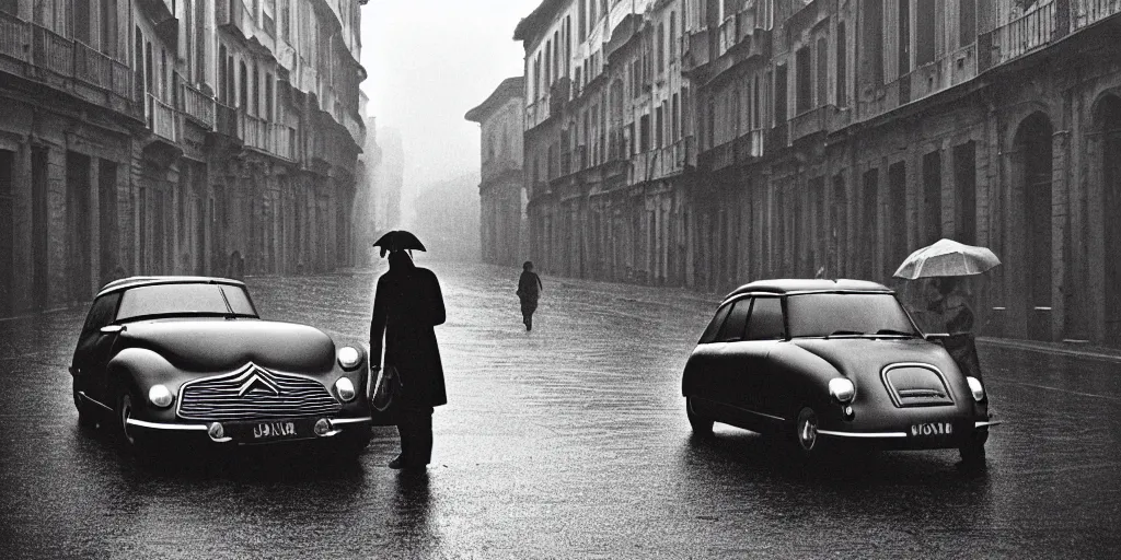 Image similar to A mysterious figure at a black 1955 Citroen DS 19 with the headlights on, parked on the side of the road in the city of Rome while it is raining, by George Tooker, moody, sinister, lighting, hyperrealistic