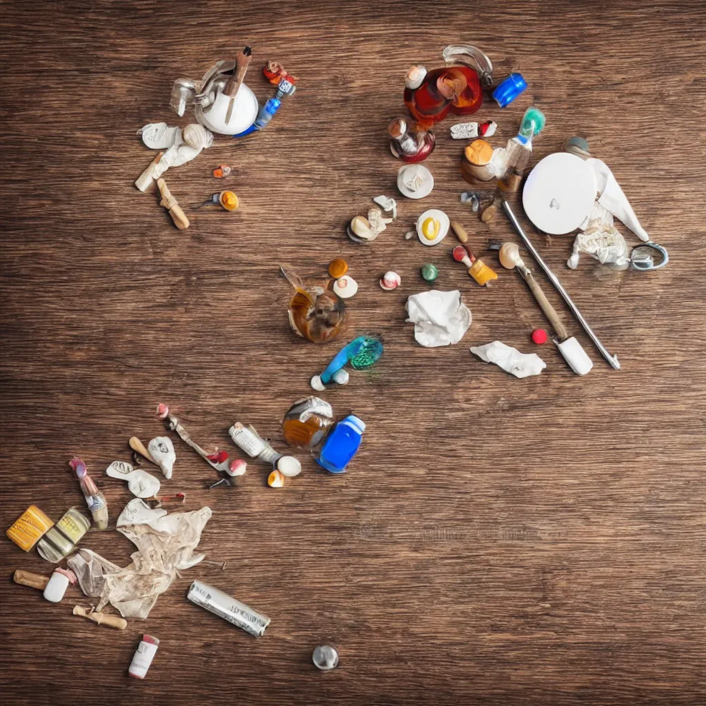 Image similar to 30-degree view of medicine on top of a wooden table, 8k, high detail, photorealistic, proper shading, stock photo