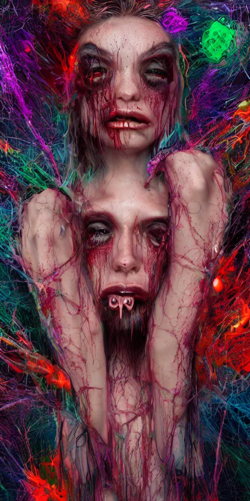 Image similar to impossibly beautiful vampire with large vampire fangs, full body, intricate complexity, surreal horror, psychedelic glitch art, rainbow drip paint, trending on art station, photoreal, 8k, octane render