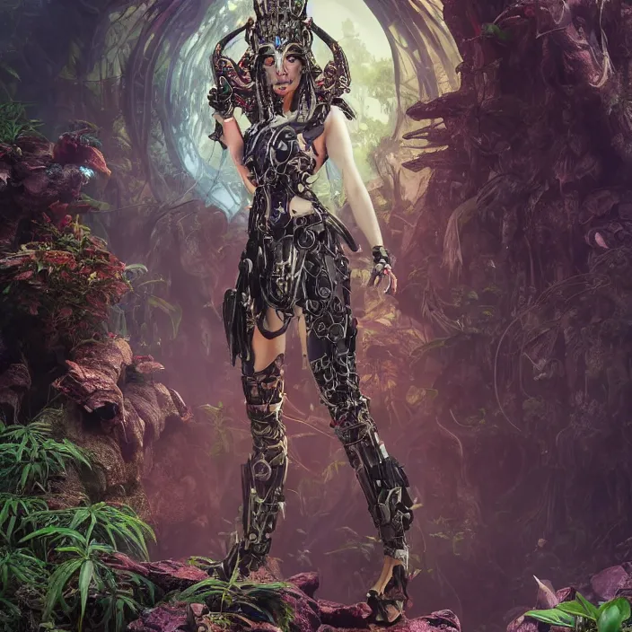 Prompt: mystical evil android queen with obsidian eyes, wearing an elaborate helmet, in a jungle, octane render, 8 k, unreal engine, by todd mcfarlane and artgerm and greg rutkowski and alphonse mucha