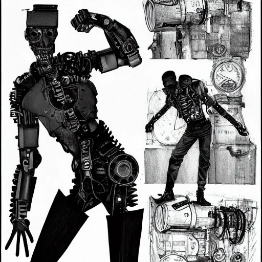 Image similar to cyborg male, slim, short hair, small scar on the chin, leather jacket with steampunk elements, one robotic arm and big shoes, book cover, deep shadows, by Dave McKean sketch lineart for character design