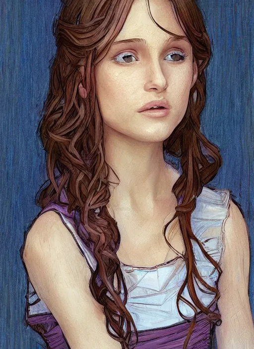 Image similar to well - lit art nouveau face portrait of a 1 3 - year old girl wih resembles natalie portman and emily browning acting shy on a bridge, natural lighting, path traced, highly detailed, high quality, cartoon, digital painting, by don bluth and ross tran and studio ghibli